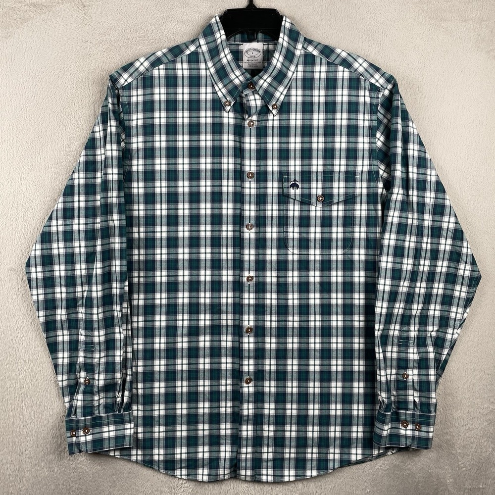 Brooks Brothers Shirt Mens Large Regent Fit Green Plaid Pocket Logo Button Up - Picture 2 of 7